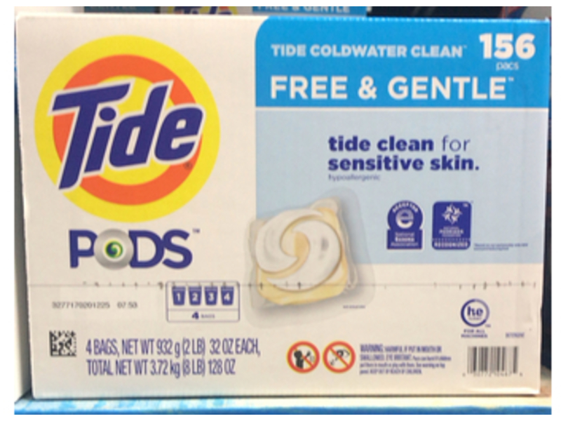 Tide Pods Free & Gentle Coldwater Clean, 156 Pacs, 128 oz/3.72 kg
