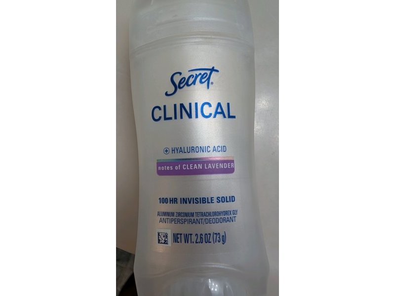 Secret Clinical 100Hr Invisible Solid Antiperspirant/Deodorant, Hyaluronic Acid + Clean Lavender, 2.6 oz/73 g