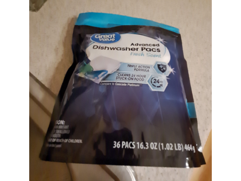 Great Value Advanced Dishwasher Pacs, Fresh Scent, 16.3 oz/464 g, 36 Count