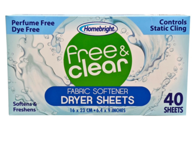 Home Bright Fabric Softener Dryer Sheets, Free & Clear, 40 Count