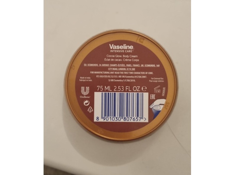 Vaseline Intensive Care Cocoa Glow Body Cream, Pure Cocoa Butter, 2.53 fl oz /75 mL