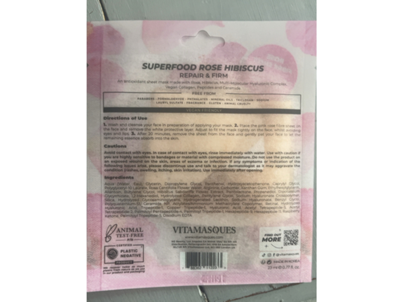 Vitamasques Superfood Repair & Firm Antioxidant Sheet MAsk, Rose Hibiscus, 0.77 fl oz/23 mL