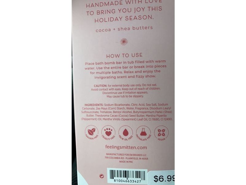 Feeling Smitten Season's Greetings Peppermint Bath Bomb Bar, Cocoa + Shea Butters, 4.9 oz/138g