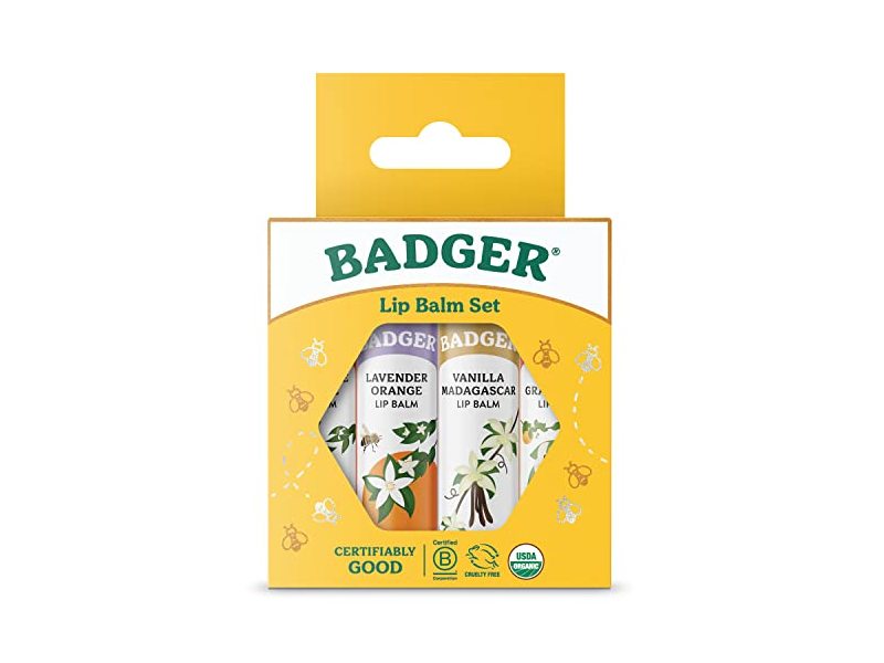 Badger Lip Balm Set,Tangerine, Lavender Orange, Vanilla, Grapefruit