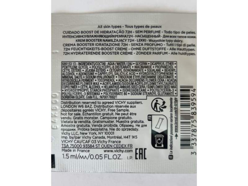 Vichy Mineral 89 Moisture Boosting Cream, 0.05 fl oz/1.5 mL