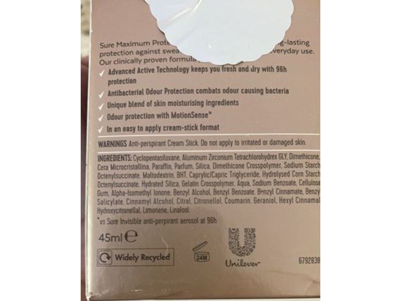 Sure Antibacterial Odour Protection Anti-Perspirant Cream, Maximum Protection, 45 ml, Pack Of 6