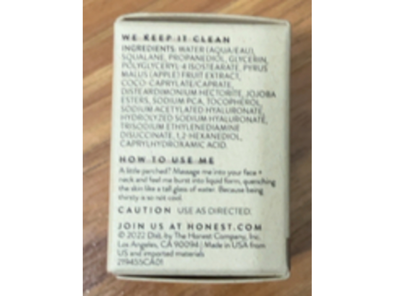 Honest Beauty Hydrogel Face Cream, Cool Drink Of Water,0.27 fl oz/8 mL