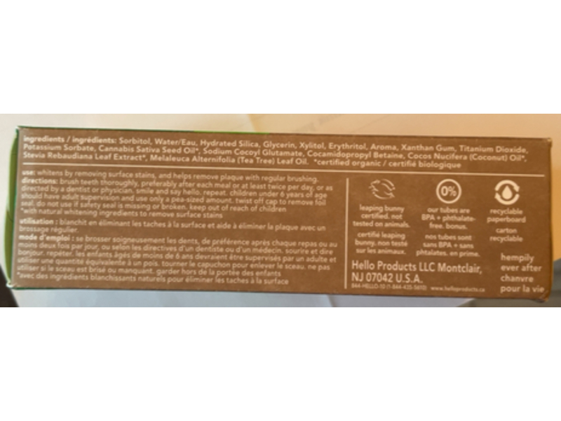 Hello Super Fresh + Whitening Fluoride Free Toothpaste, Fresh Spearmint, 82 mL