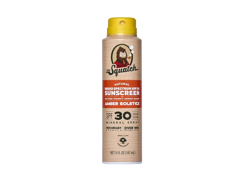 Dr Squatch Natural Sunscreen Mineral Spray, SPF 30, Amber Solstice, 5 fl oz/147 mL