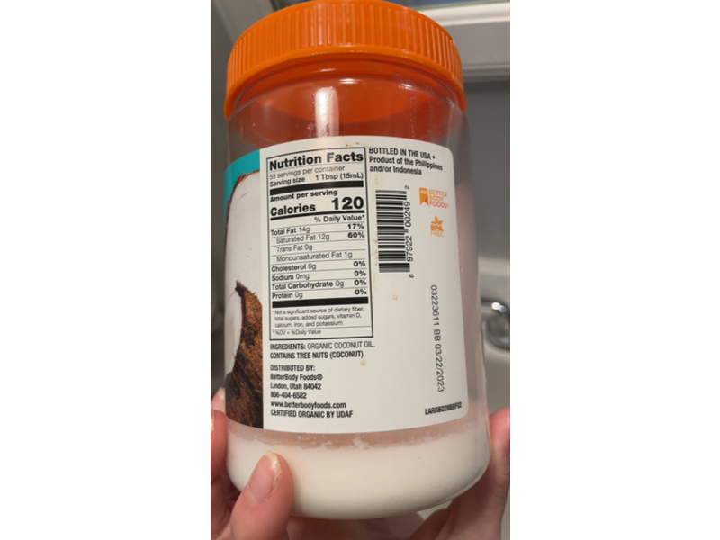 Better Body Foods Organic Refined Coconut Oil, 28 fl oz/828 mL