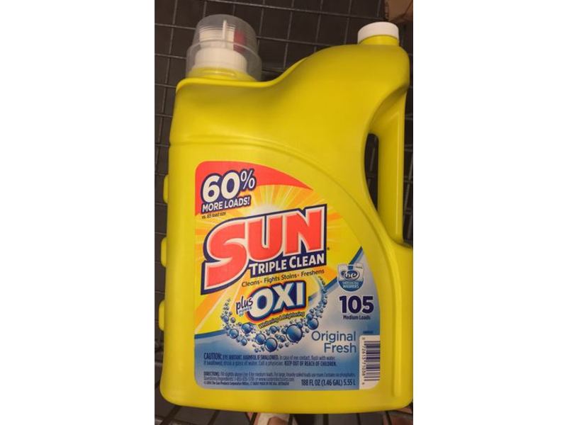 Sun Triple Clean Plus Oxi Liquid Laundry Detergent, Original Fresh, 105 Loads, 188 fl oz/5.55 L