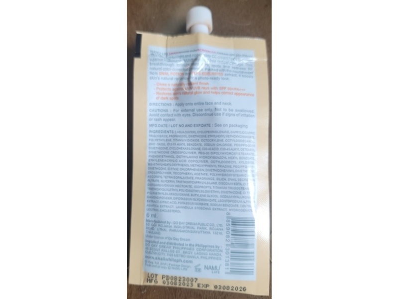 Namu Life Snail White Sunscreen CC Cream, SPF 50+ PA+++, 6 mL