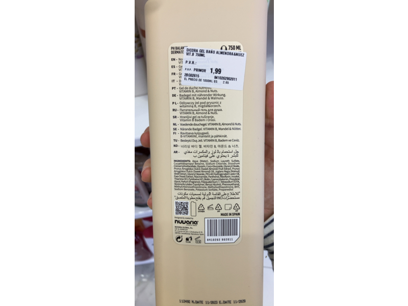 Dicora Urban Fit Nourishing Shower Gel, Almond & Nuts, 25.4 fl oz/750 mL