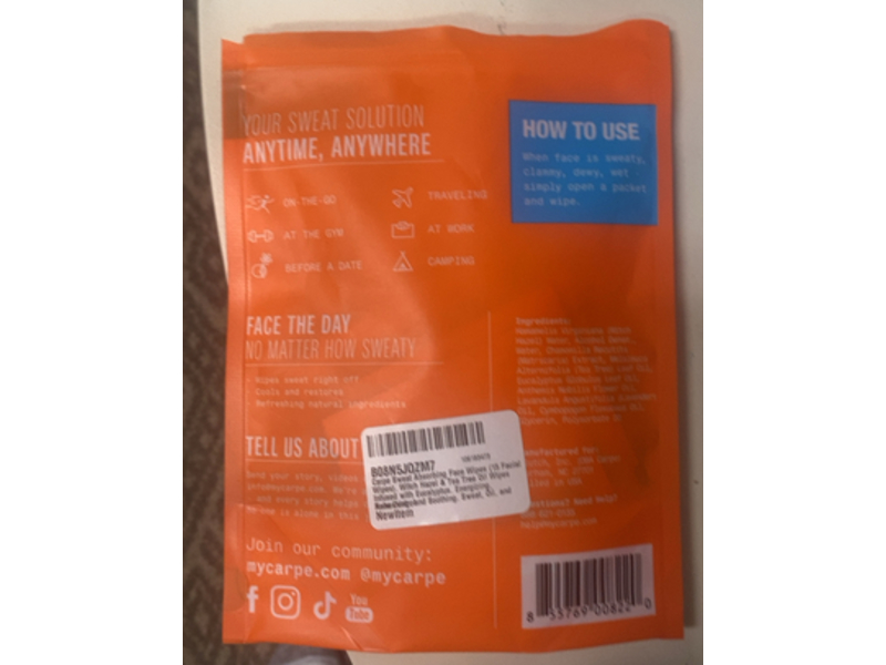 Carpe Sweat Absorbing Face Wipes, Tea Tree, 15 Count