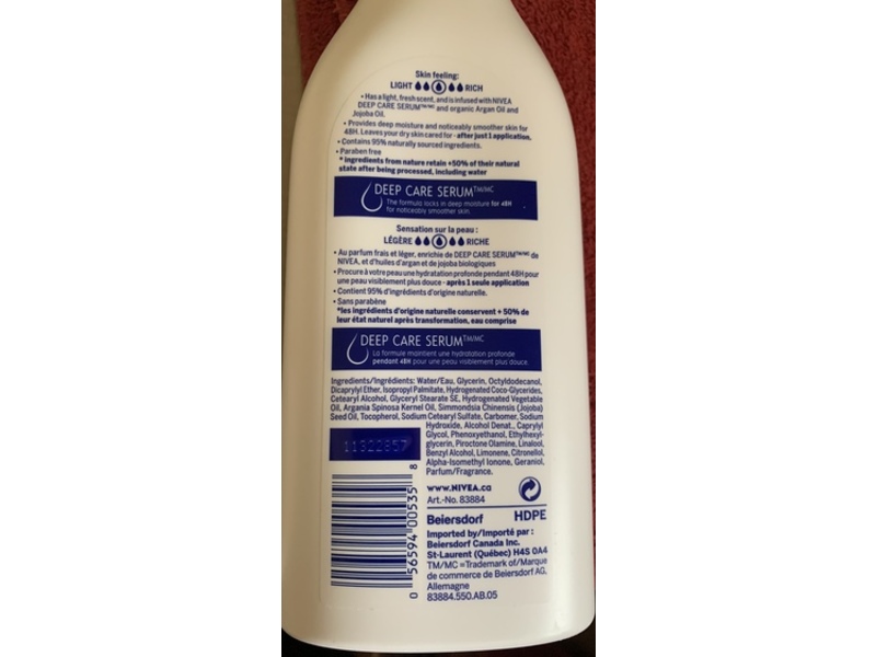 Nivea Pure & Natural Body Milk, Organic Argan & Jojoba Oils, 625 mL