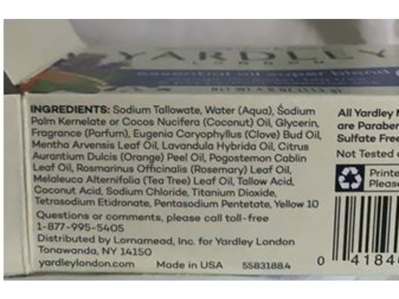 Yardley London Moisturizing Hand & Bath Bar, Orange, Lavender, Tea Tree & Peppermint, 4.0 oz/113 g
