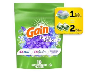 Gain Super Sized Flings Laundry Detergent Pacs, Dewdrop Dream Scent, 18 Loads, 28 oz/799 g