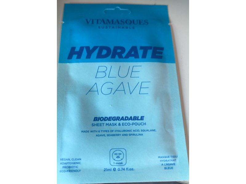 Vitamasques Sustainable Hydrate Biodegradable Sheet Mask & Eco-pouch, Blue Agave, 0.74 fl oz/21 mL