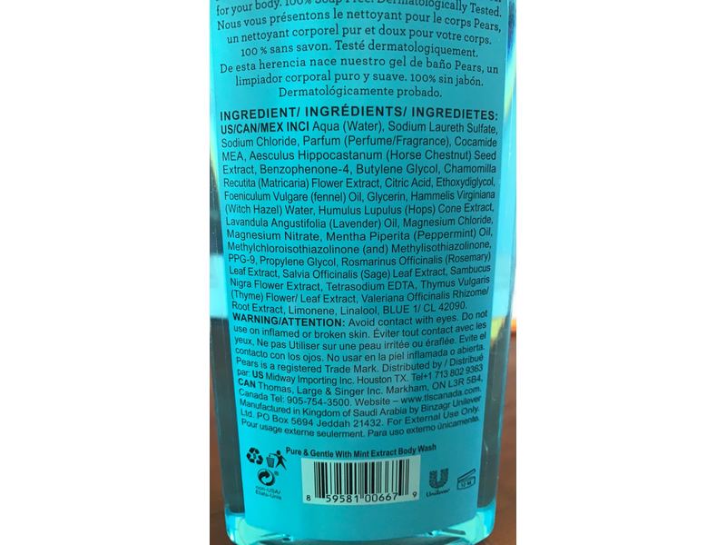 Pears Body Wash, Mint Extract, 16.9 fl oz/500 mL
