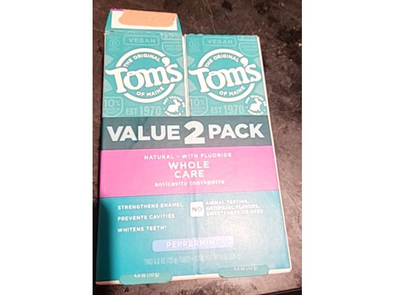 Tom's Of Maine Whole Care Anticavity Toothpaste, Peppermint, 8 oz/226 g, Pack Of 2