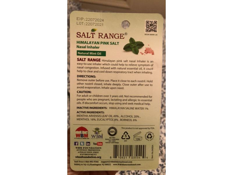 Salt Range Himalayan Pink Salt Nasal Inhaler, Natural Mint Oil, 0.07 fl oz/2 mL