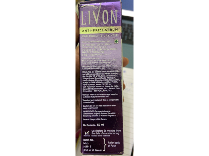 Livon Anti Frizz Rough & Dry Serum, Vitamin E & Agra Oil, 50 mL