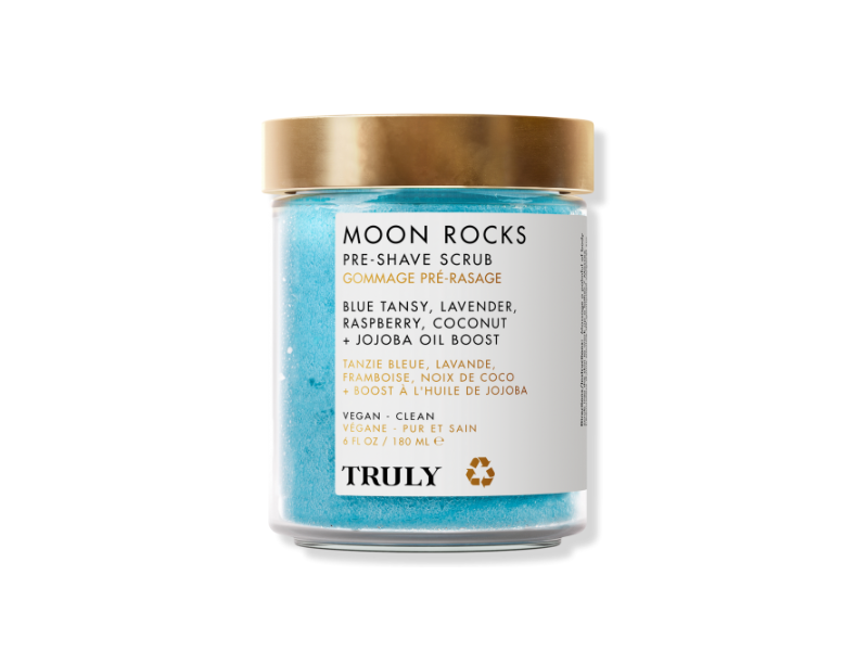 Truly Moon Rocks Pre-Shave Scrub, Blue Tansy, Lavender, Raspberry, Coconut + Jojoba Oil Boost, 6 fl oz/180 mL
