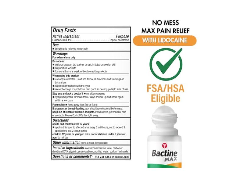 Bactine Max No-Mess Roller Ball, 4% Lidocaine, 2.5 oz/71 g