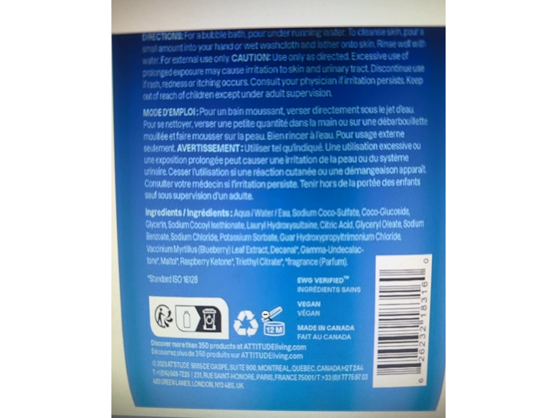 Attitude Little Leaves Kids Bubble Wash, Blueberry, 16 fl oz/473 mL