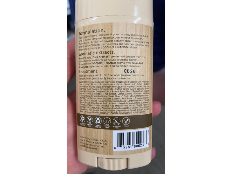 Own Beauty Aluminum Free Deodorant, Coconut & Mango, 2.7 oz/75 g