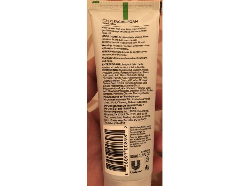 Pond's Pure Detox Facial Foam, Activated Carbon Charcoal, 1.7 fl oz/50 mL