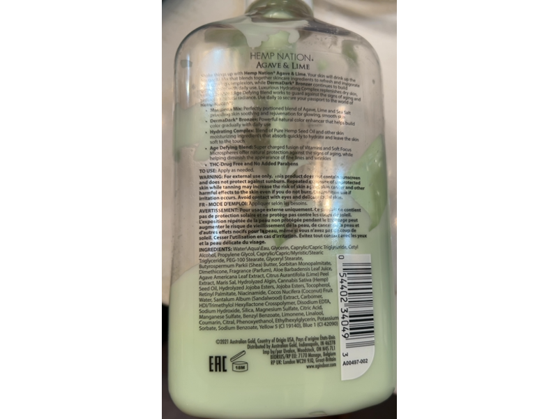 Australian Gold Hemp Nation Moisturizing Tan Extender, Agave & Lime, 18 fl oz/535 mL