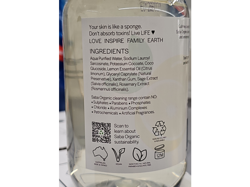 Saba Organic Dishwashing Liquid, Lemon Blast, 16.90 fl oz/500 mL