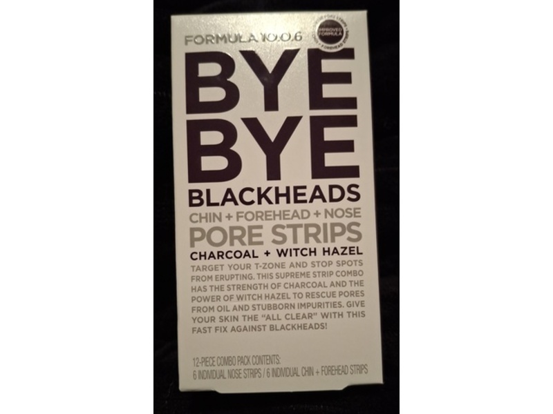 Formula 10.0.6 Bye Bye Blackheads Chin + Forehead + Nose Pore Strips, Charcoal + Witch Hazel, 12 Count