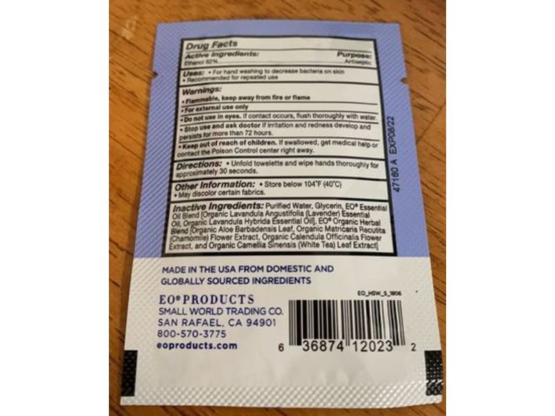 EO Hand Sanitizing Wipes, French Lavender, 10 Count