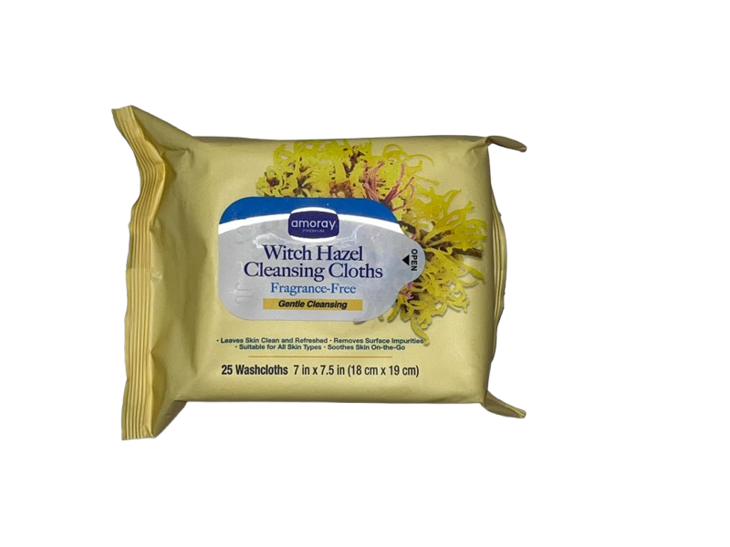 Amoray Witch Hazel Cleansing Cloths, Fragrance-Free, 25 Count