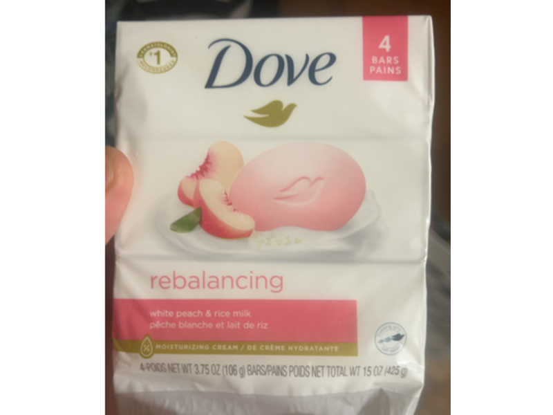 Dove Rebalancing Bar Soap, White Peach & Rice Milk, 3.75 oz/106 g, Pack Of 4