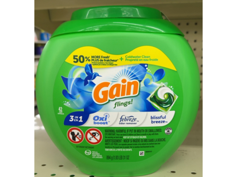 Gain 3-In-1 Detergent Pacs, Oxi Boost, Febreze Odor Remover, Blissful Breeze, 31 oz/894 g, 42 Pacs
