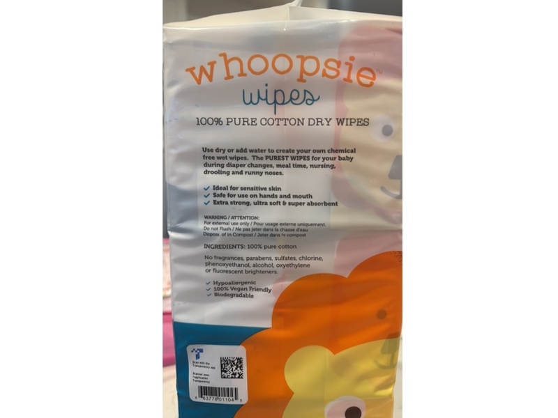 Whoopsie Wipes 100% Pure Cotton Dry Baby Wipes, 600 Counts, Pack Of 6