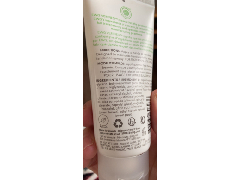 Attitude Nourishing Hand Cream for Sensitive Skin, Avocado Oil, 2% Oatmeal, 2.5 fl oz/75 mL