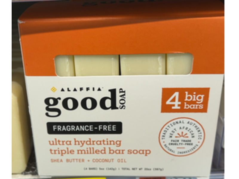 Alaffia Ultra Hydrating Triple Milled Bar Soap, Fragrance Free, 20 oz/567 g, 4 Count