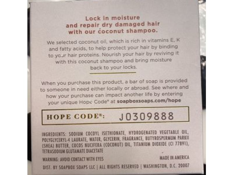 Soapbox Coconut Oil Moisturizing & Nourish Shampoo Bar, 3.1 oz/87.5 g