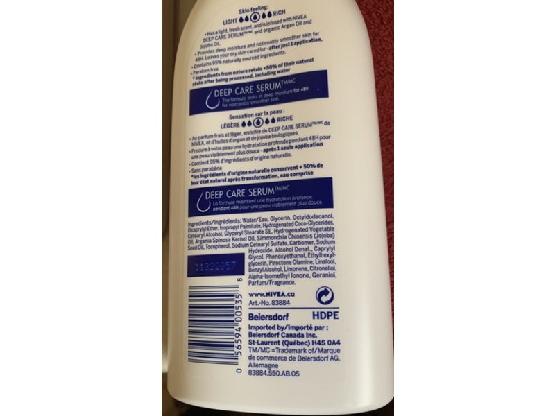 Nivea Pure & Natural Body Milk, Organic Argan & Jojoba Oils, 625 mL