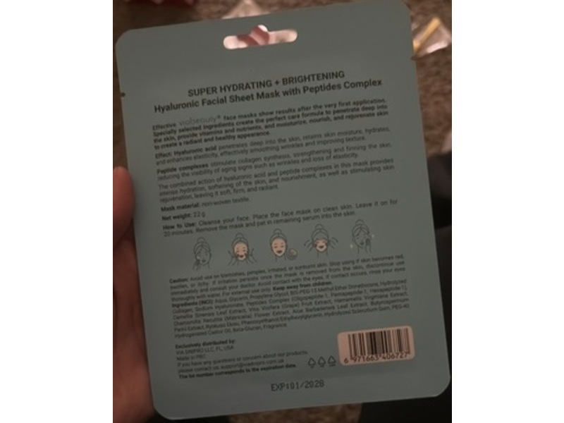 Via Beauty Peptides Hyaluronic Acid Facial Sheet Mask, 22 g, Pack of 8