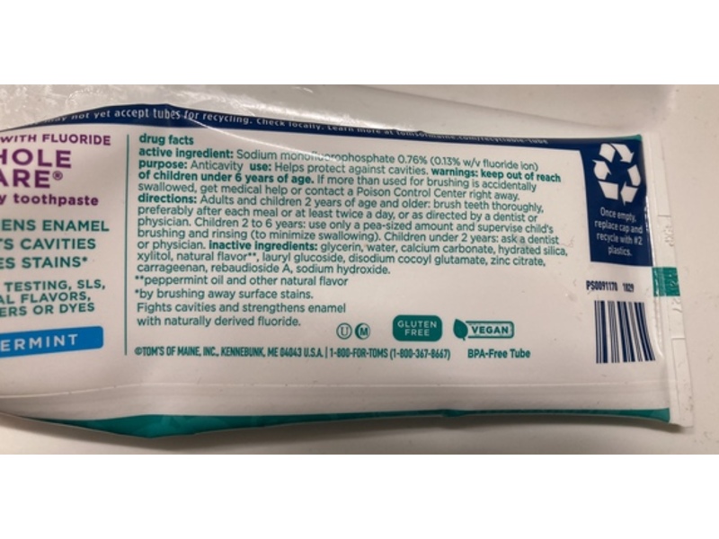 Tom's Of Maine Whole Care Anticavity Toothpaste, Peppermint, 4 oz/113 g