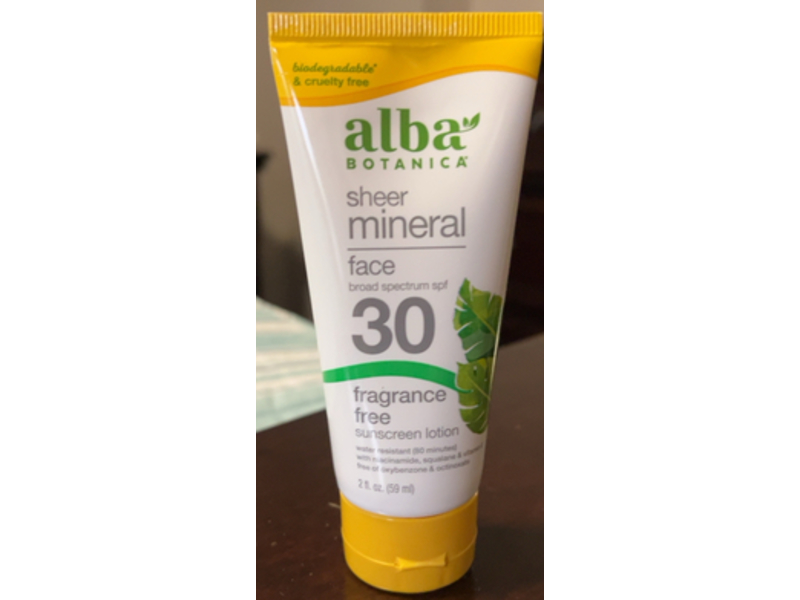Alba Botanica Sheer Mineral Face Sunscreen, SPF 30, Fragrance Free, 2 fl oz/59 mL