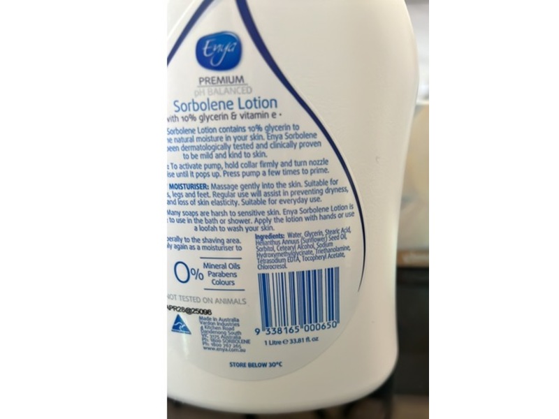 Enya Sorbolene Body Lotion, 10% Glycerin + Vitamin E, 33.8 fl oz/1 L