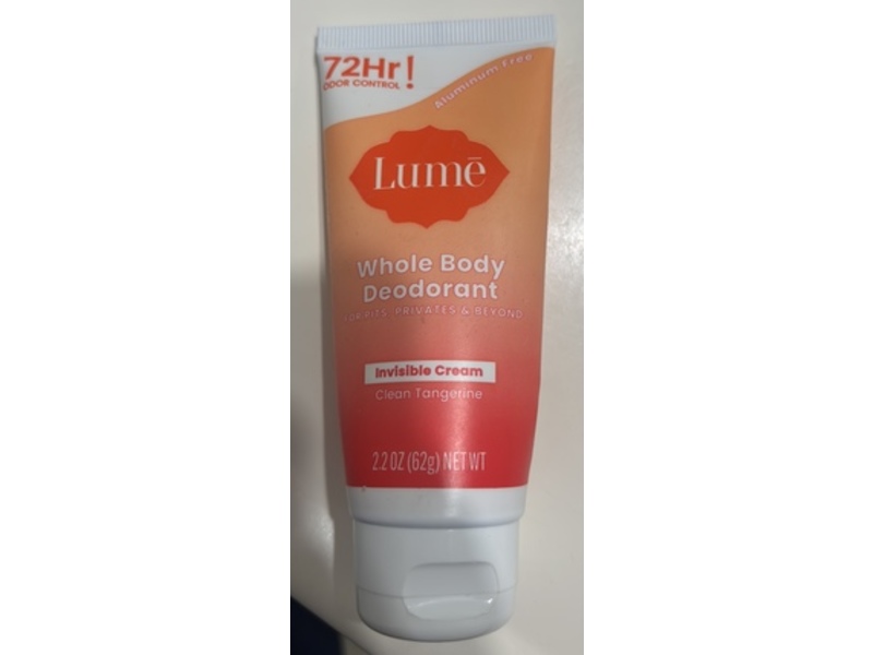 Lume Whole Body Deodorant, Invisible Cream, Clean Tangerine, 2.2 oz/62 g