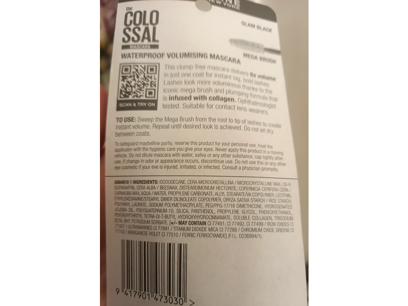 Maybelline New York The Colossal Waterproof Volumizing Mascara, Glam Black, 0.33 fl oz/10 mL