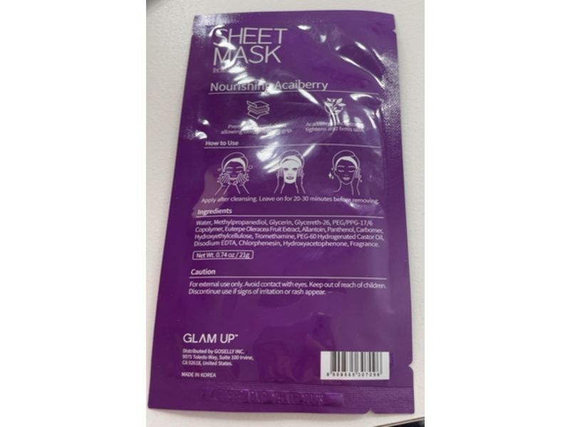 Glam Up Nourishing Sheet Mask, AcaiBerry, 0.74 fl oz/21 g